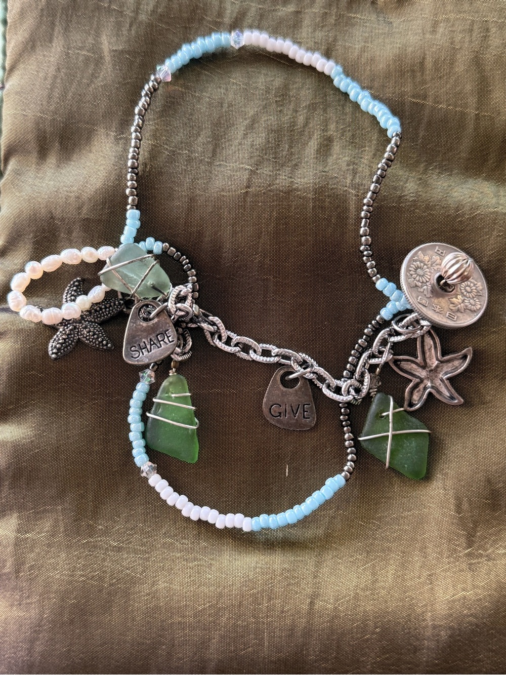 Handmade Green Sea Glass Charm Necklace with Blue Beads